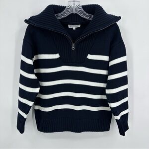 Workshop Republic Clothing 1/4 Zip Wide Stripe Sweater Navy Blue White Size S